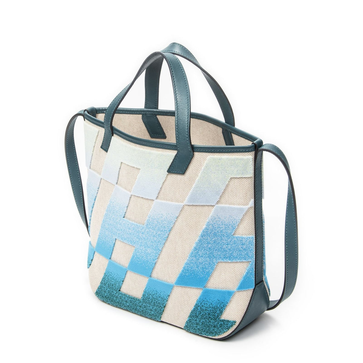 Hermes Cabas H en Biais Blue Izmir Beige Toile Shoulder Bag — view 2