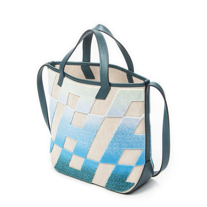 Hermes Cabas H en Biais Blue Izmir Beige Toile Shoulder Bag — view 2