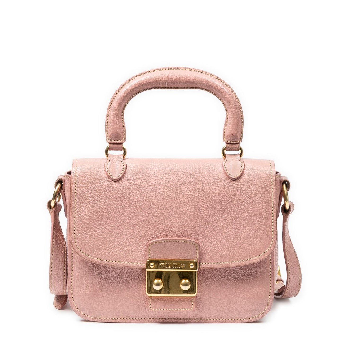 Miu Miu Mini Push Lock Top Handle Cross Belt Bag Pink Madras Leather