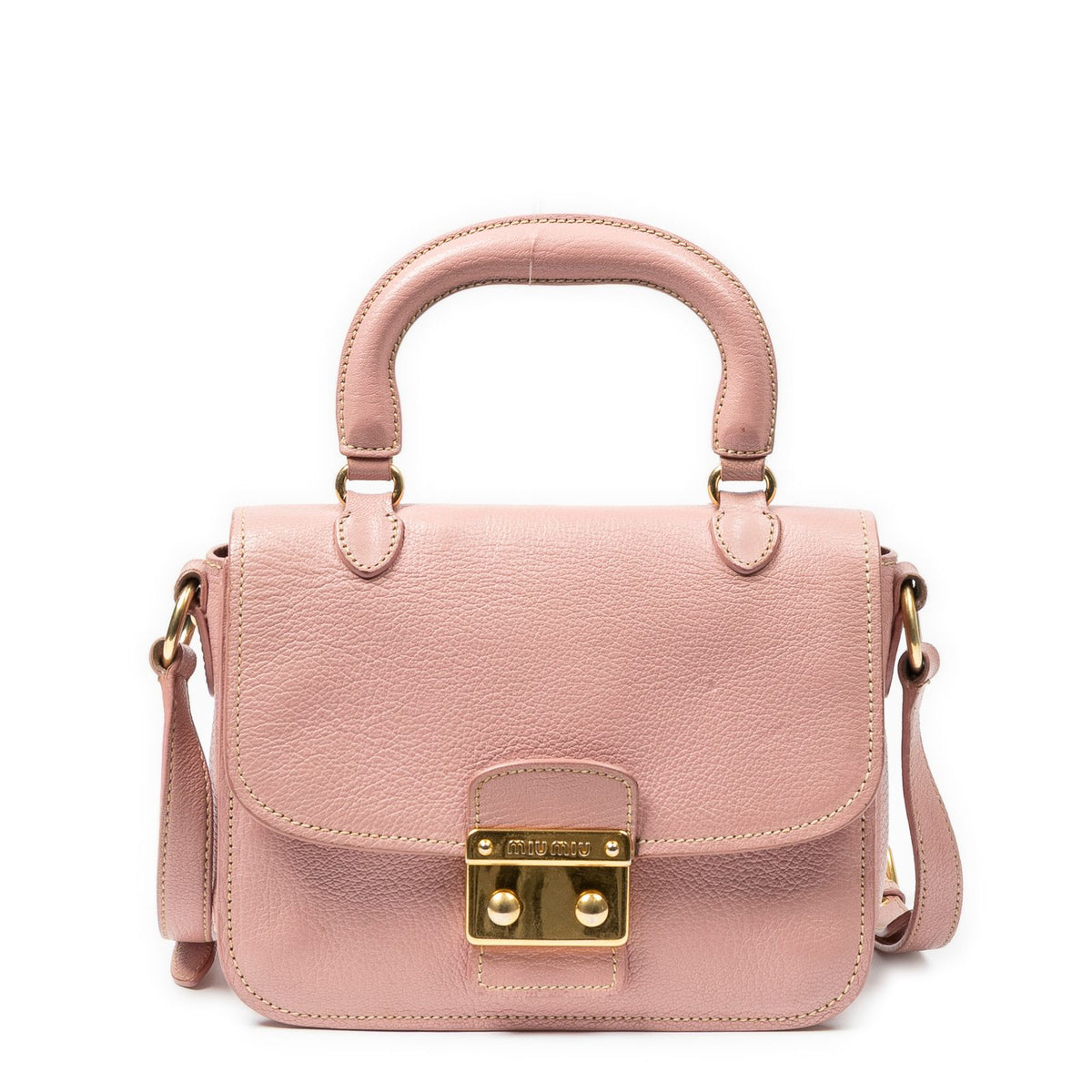 Miu Miu Mini Push Lock Top Handle Cross Belt Bag Pink Madras Leather