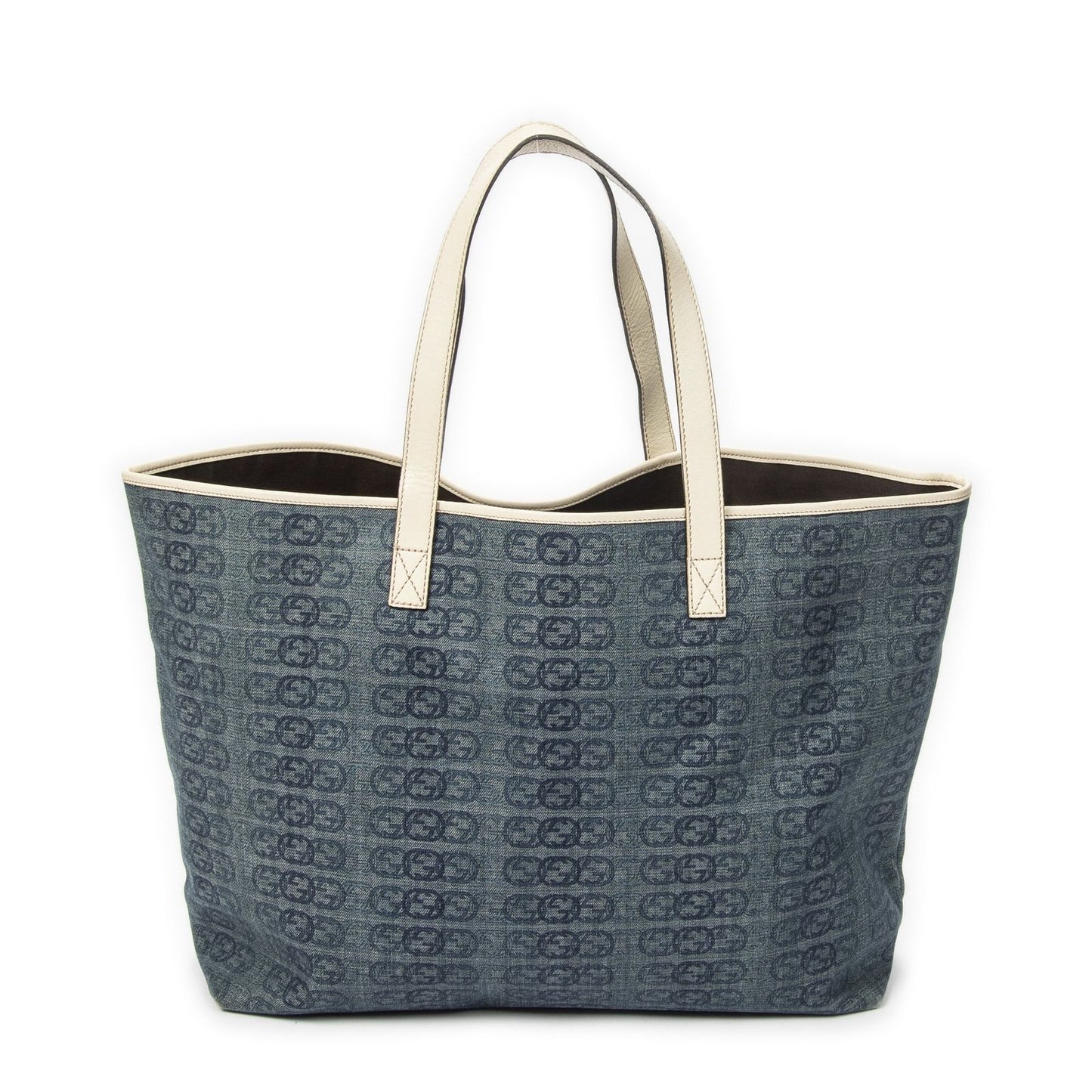 Gucci Large Web Horizon Tal Tote Blue Ivory Print Denim Canvas — view 5