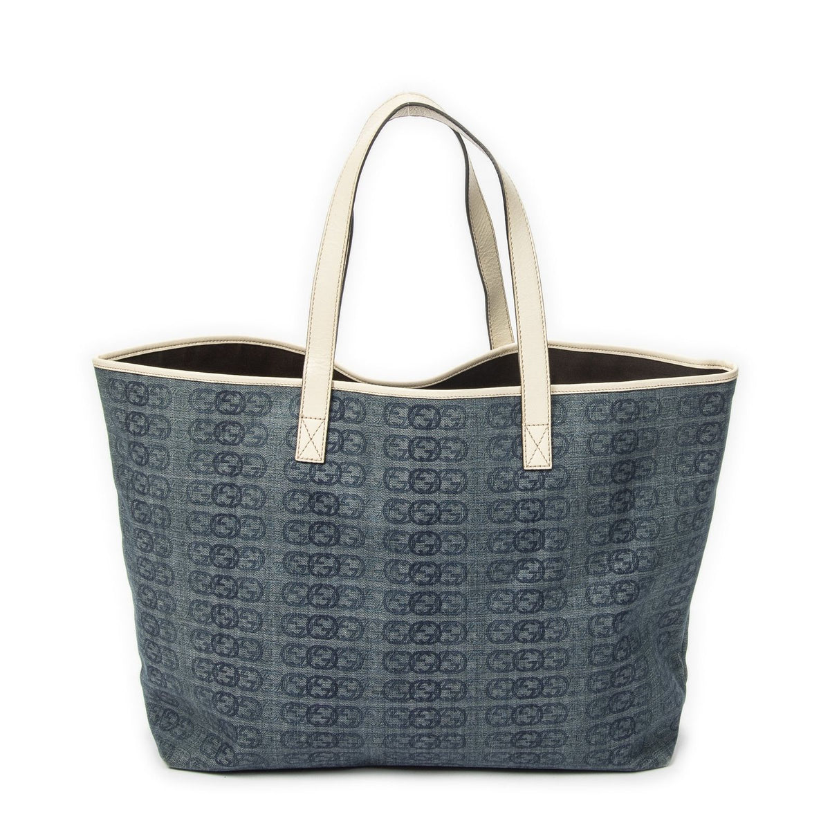 Gucci Large Web Horizon Tal Tote Blue Ivory Print Denim Canvas — view 5