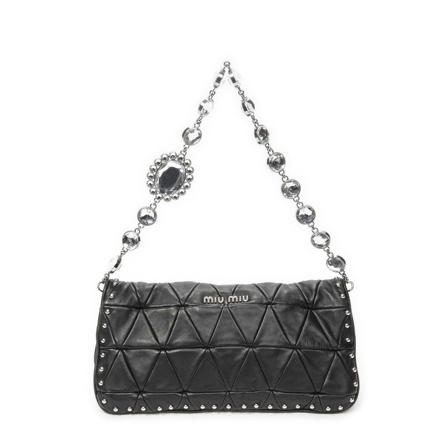 Miu Miu Studded Crystal Chain Clutch Black Matelasse Calfskin — view 5