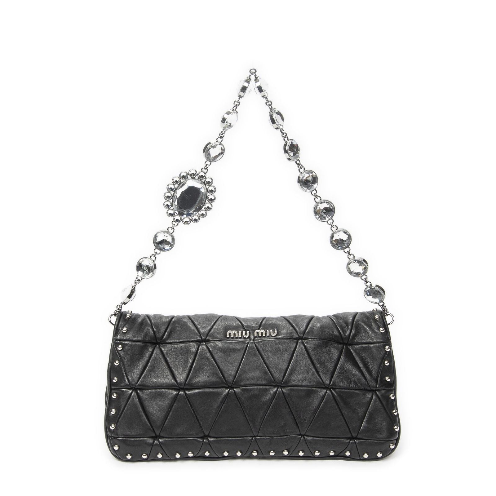Miu Miu Studded Crystal Chain Clutch Black Matelasse Calfskin — view 5