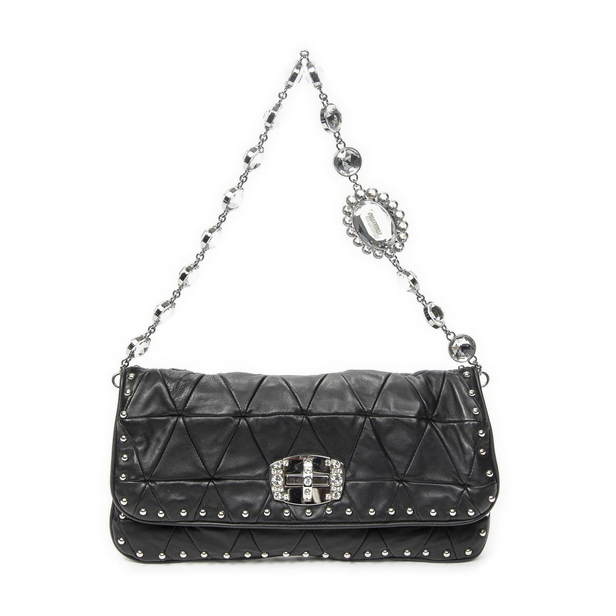 Miu Miu Studded Crystal Chain Clutch Black Matelasse Calfskin
