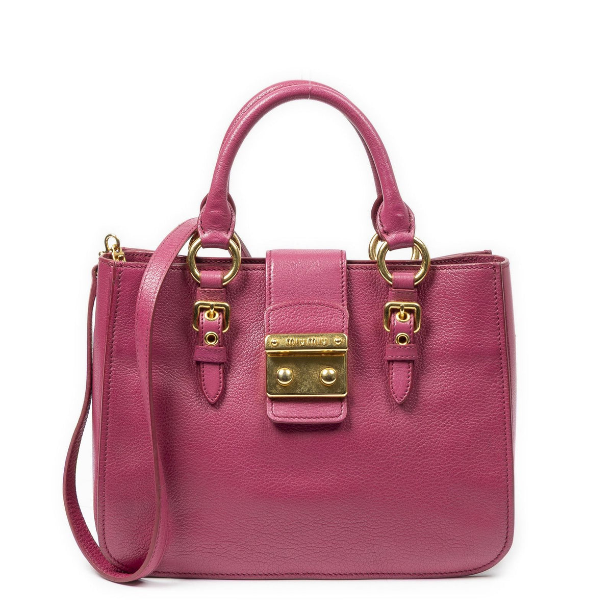 Miu Miu Mini Push Lock Executive Tote Fuchsia Madras Leather