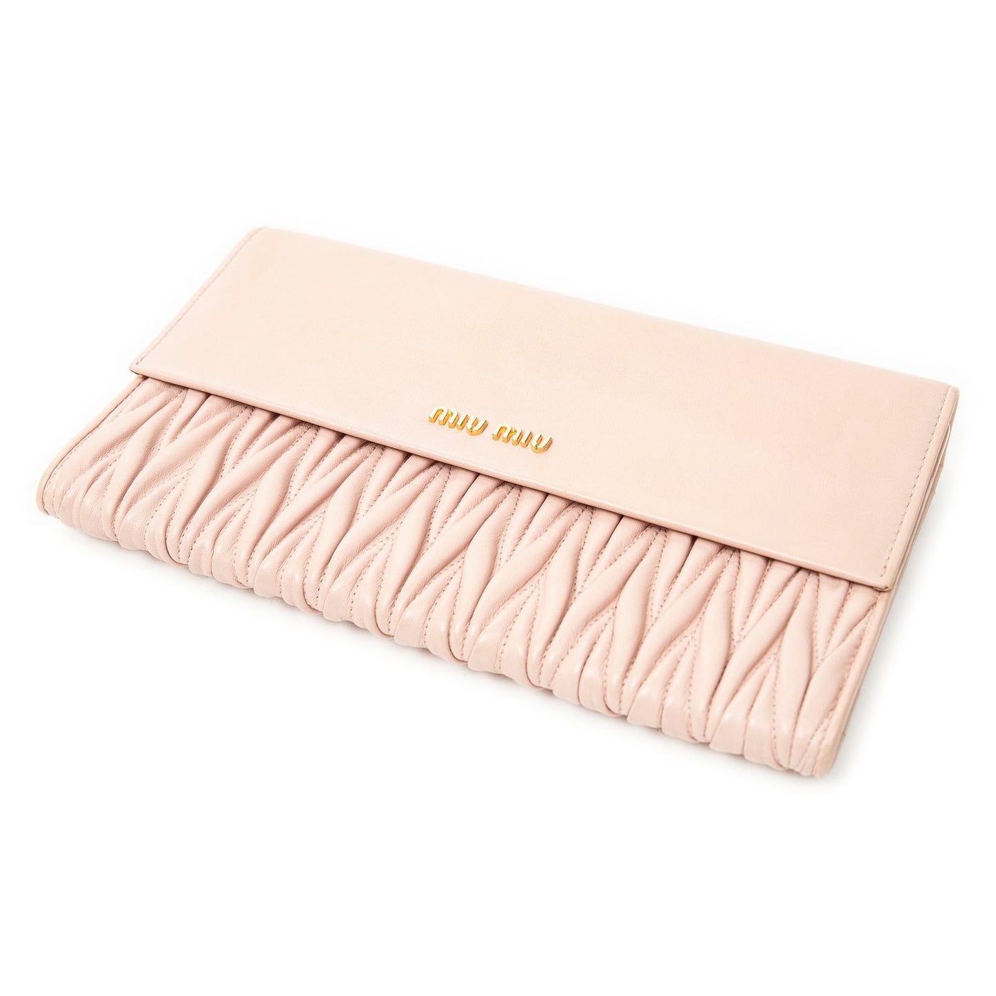 Miu Miu Large Flap Clutch Wallet Light Pink Nappa Matelasse Leather