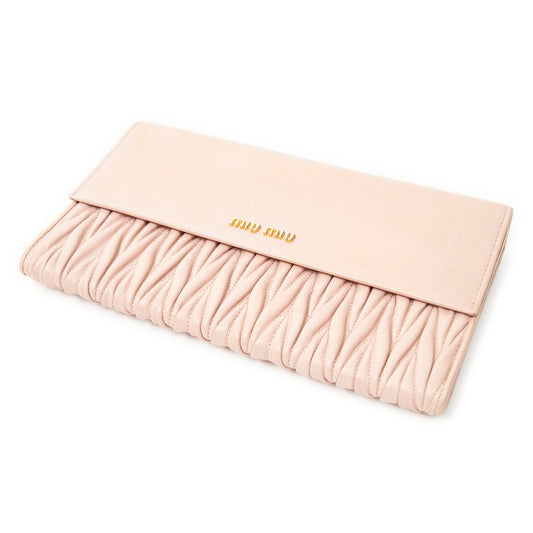 Miu Miu Large Flap Clutch Wallet Light Pink Nappa Matelasse Leather