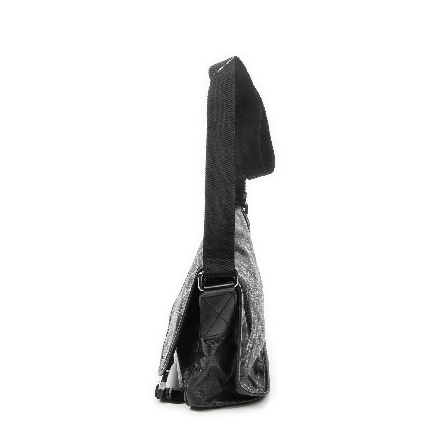 Gucci Double Buckle Flap Messenger Bag Black Guccissima Imprint Canvas — view 3