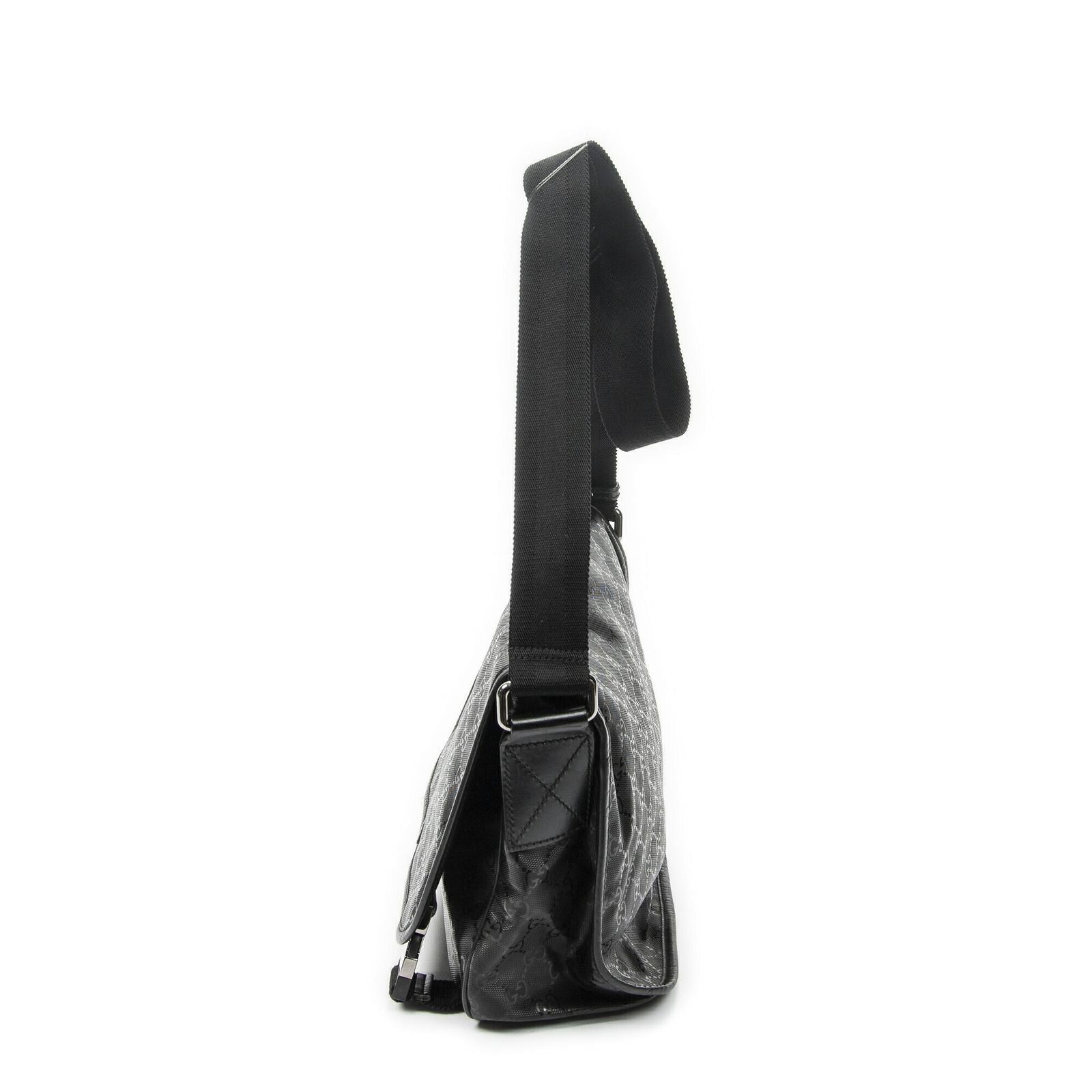 Gucci Double Buckle Flap Messenger Bag Black Guccissima Imprint Canvas — view 3