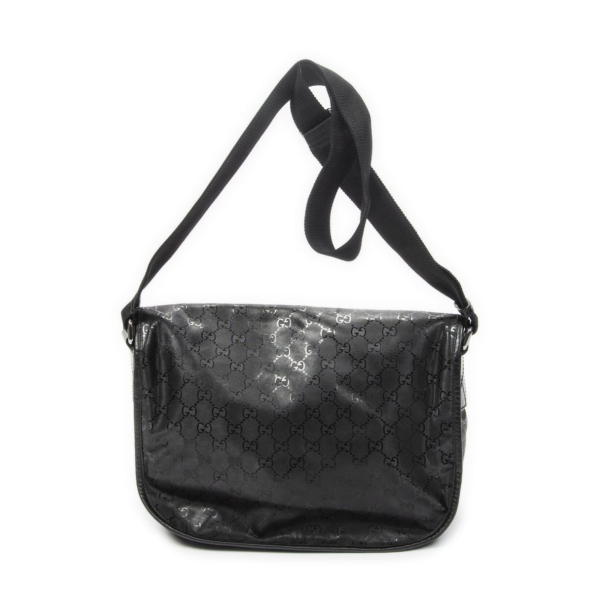 Gucci Double Buckle Flap Messenger Bag Black Guccissima Imprint Canvas — view 5