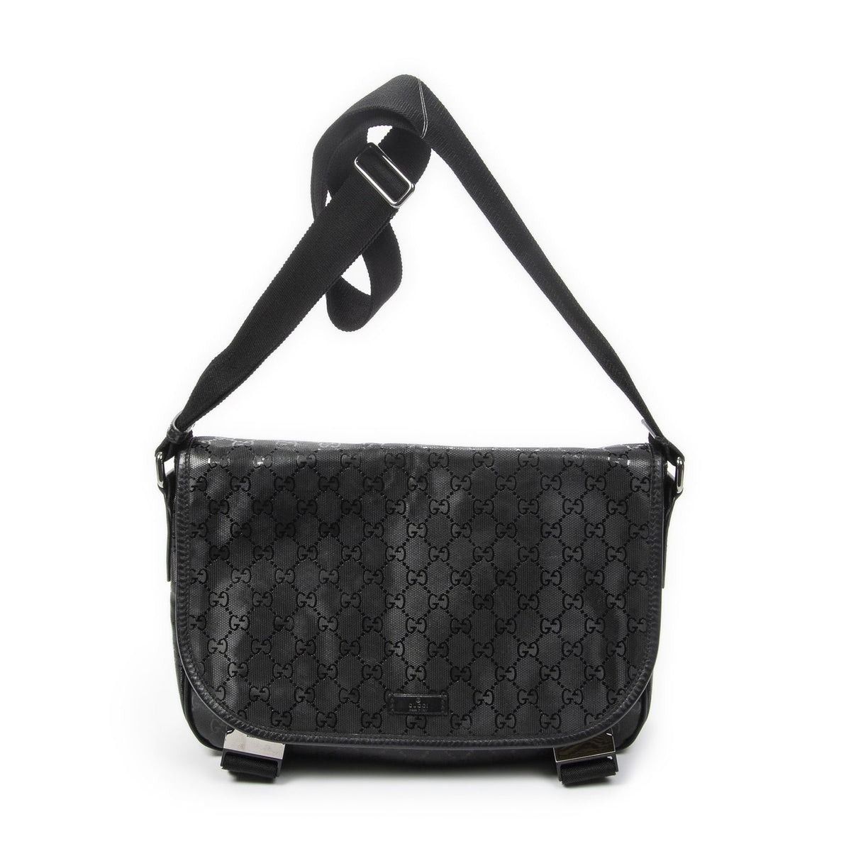 Gucci Double Buckle Flap Messenger Bag Black Guccissima Imprint Canvas
