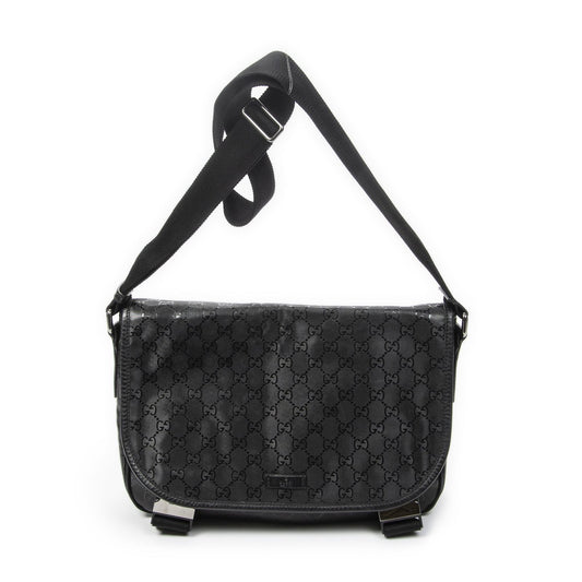 Gucci Double Buckle Flap Messenger Bag Black Guccissima Imprint Canvas