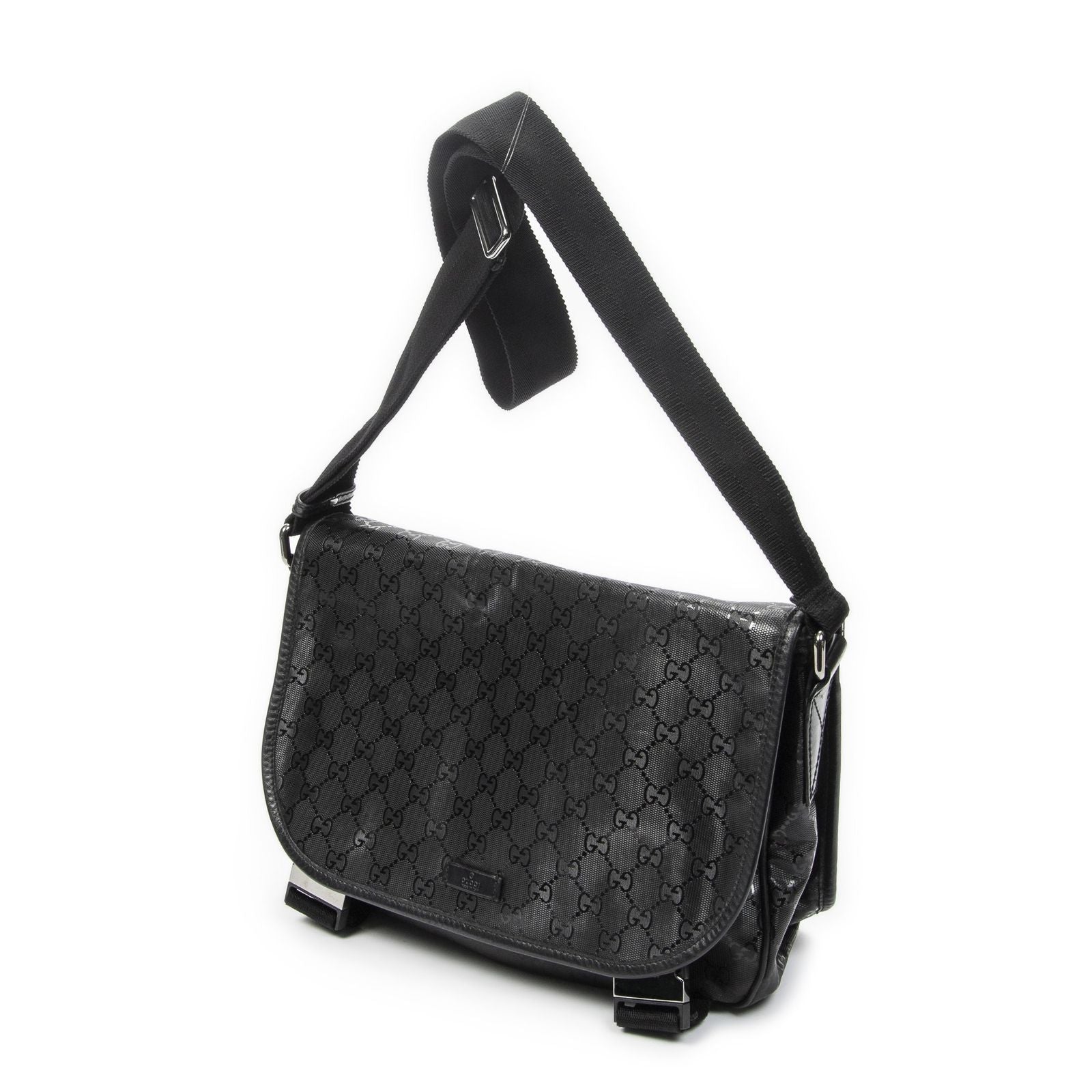 Gucci Double Buckle Flap Messenger Bag Black Guccissima Imprint Canvas — view 2