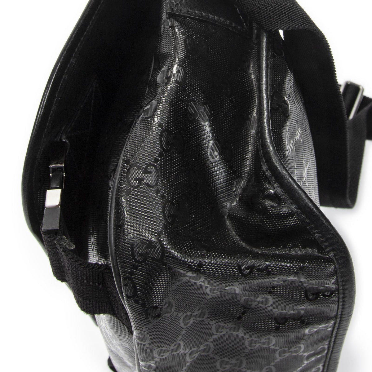Gucci Double Buckle Flap Messenger Bag Black Guccissima Imprint Canvas — view 8