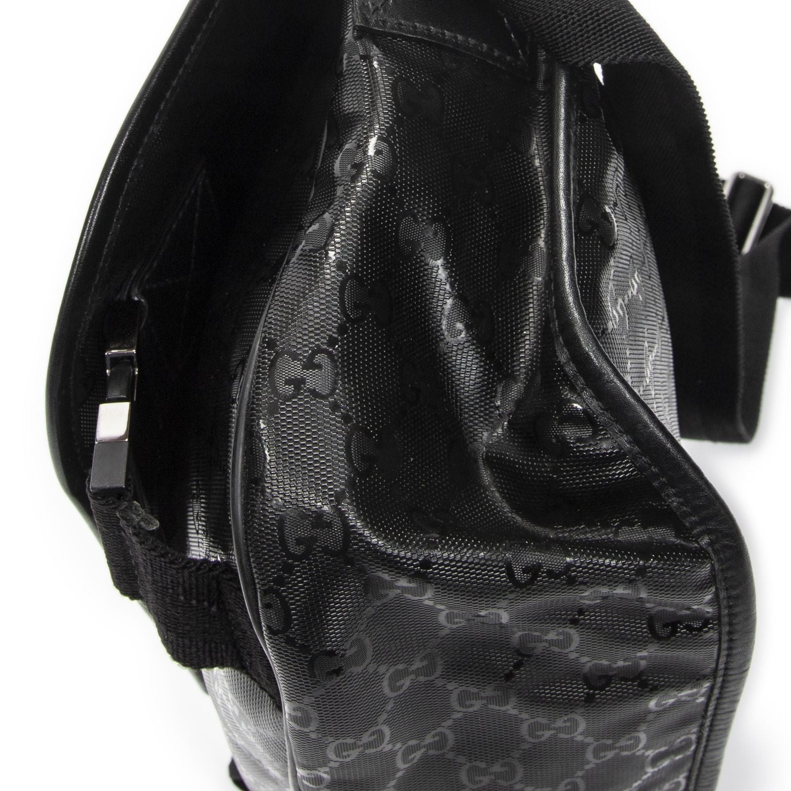 Gucci Double Buckle Flap Messenger Bag Black Guccissima Imprint Canvas — view 8