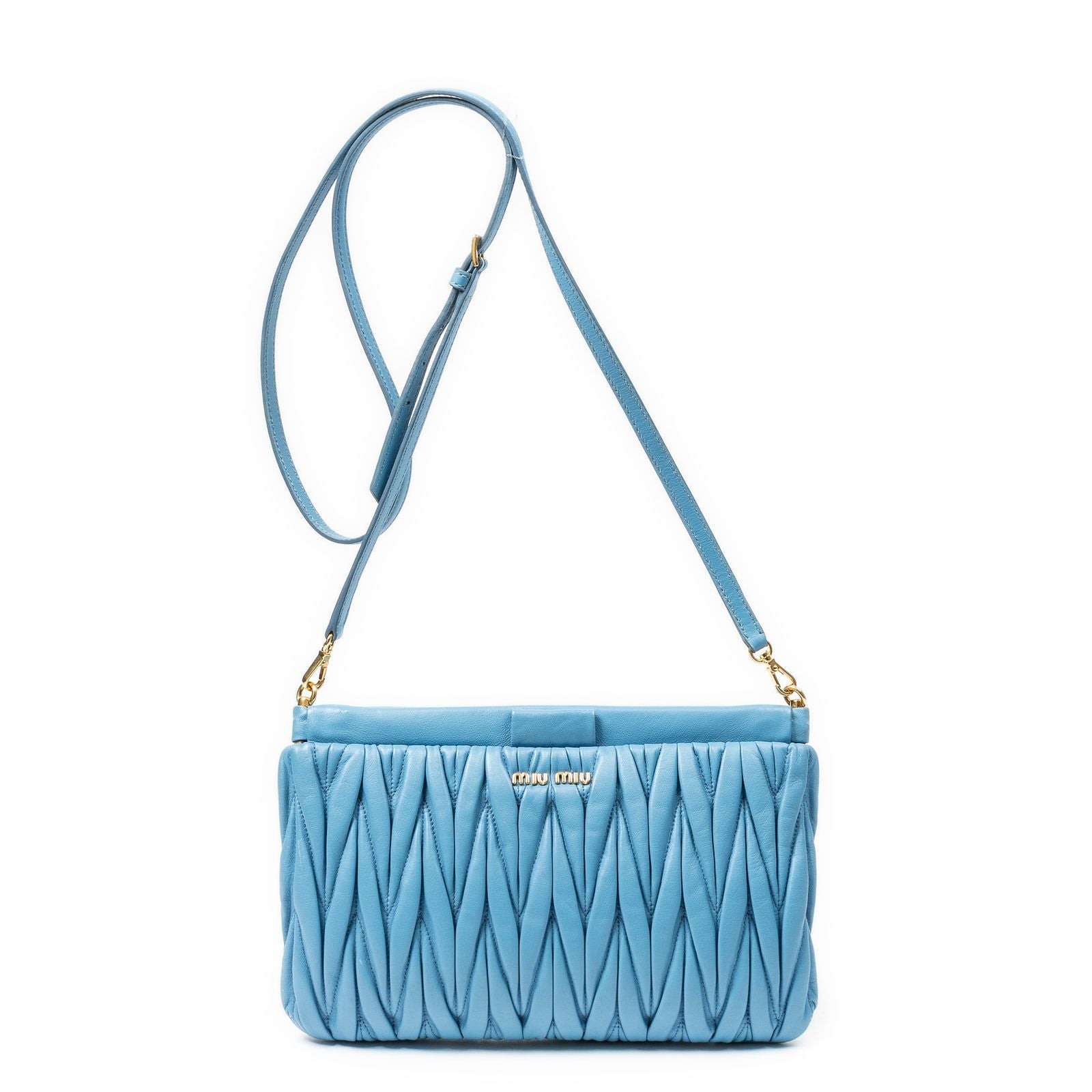Miu Miu Frame Clutch Cross Belt Bag Blue Nappa Matelasse Leather