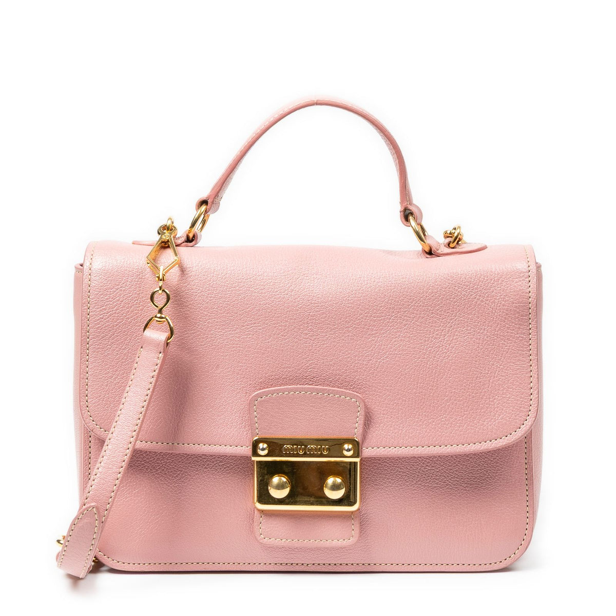 Miu Miu Medium Push Lock Top Handle Cross Belt Bag Pink Madras Leather