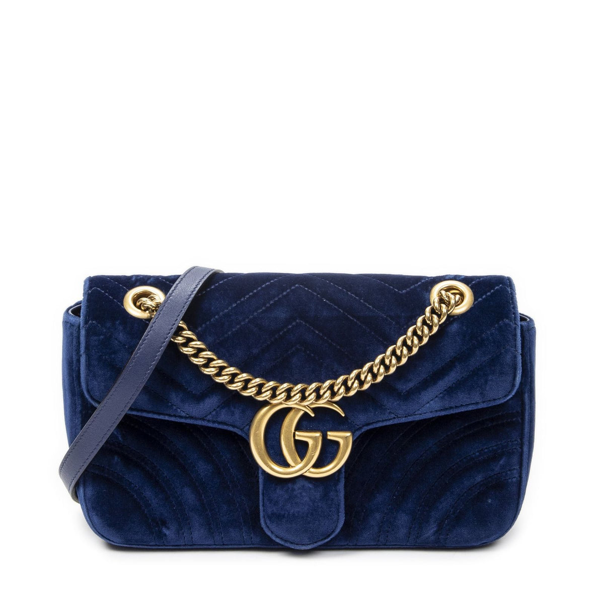 Gucci Small GG Marmont Flap Bag Navy Blue Matelasse Velvet