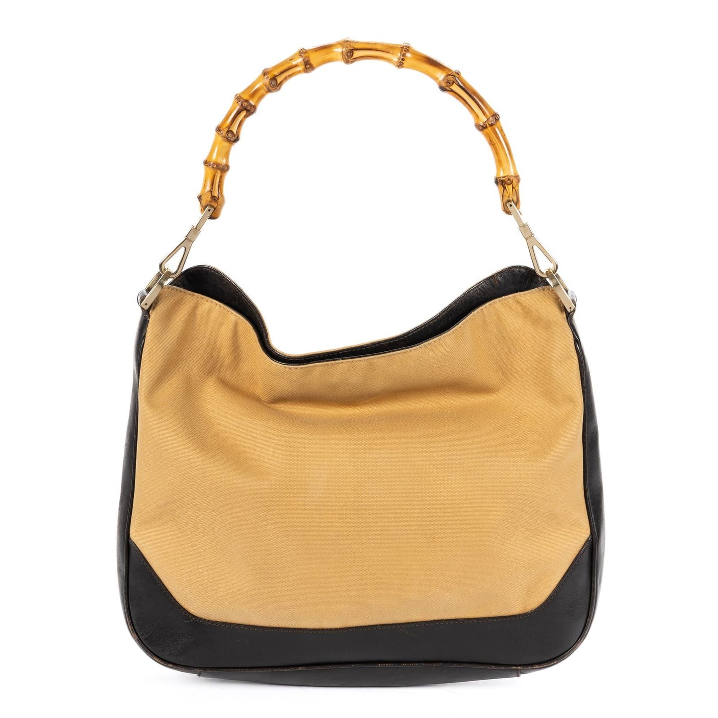 Gucci Bamboo Top Handle Black Beige Canvas Handbag