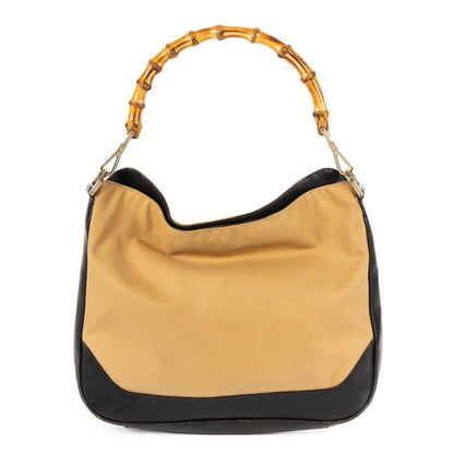 Gucci Bamboo Top Handle Black Beige Canvas Handbag