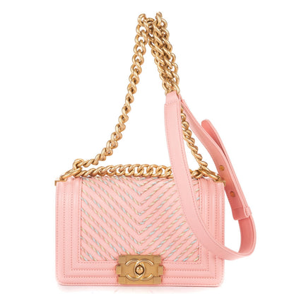Chanel Limited Edition Weave Mini Boy Flap Bag Pink Che Blanc Embroidery Leather