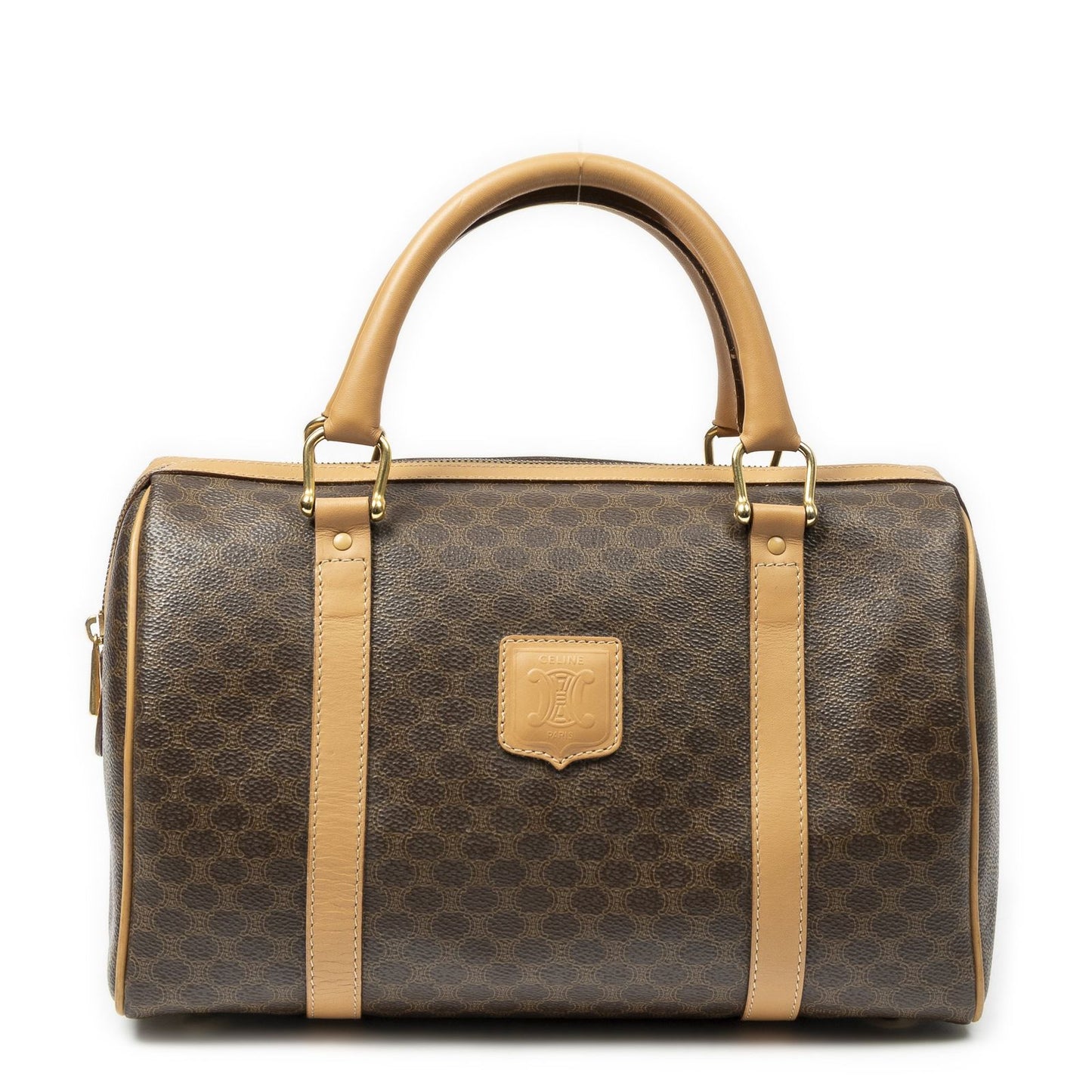 Celine Vintage Small Boston Brown Beige Macadam Canvas Handbag