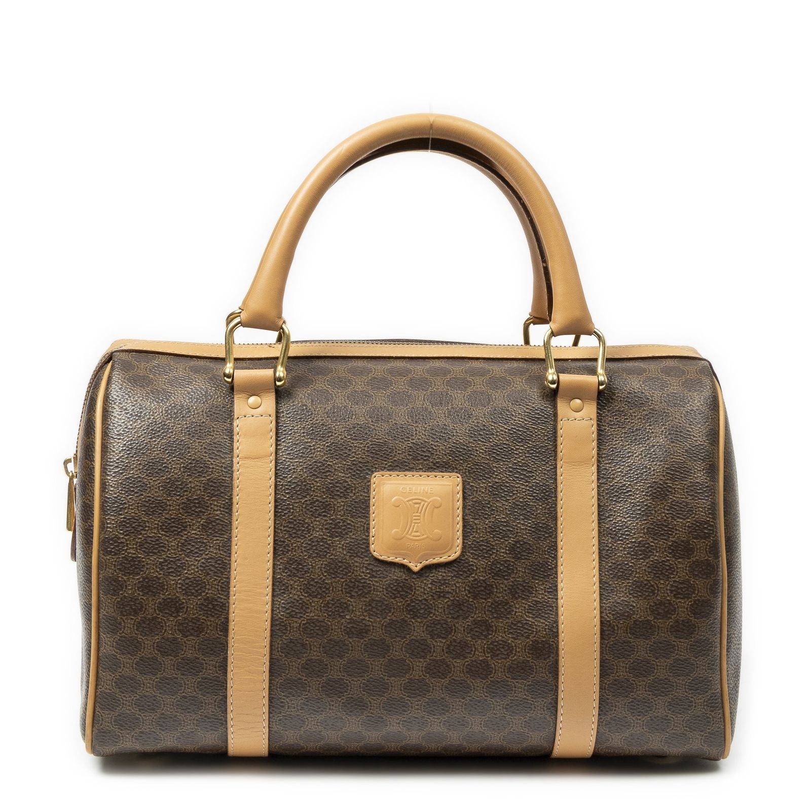 Celine Vintage Small Boston Brown Beige Macadam Canvas Handbag