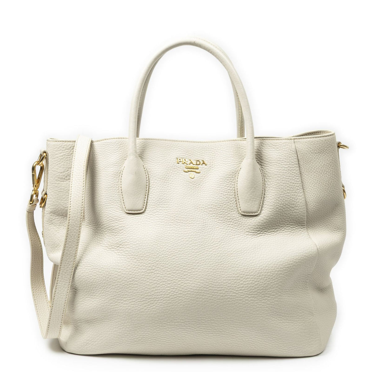 Prada Convertible Snap Button Tote Ivory Vitello Daino