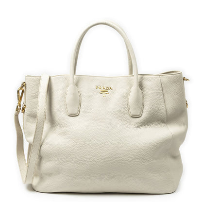 Prada Convertible Snap Button Tote Ivory Vitello Daino