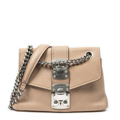 Miu Miu Push Lock Chain Flap Bag Crossbody Beige Madras Leather