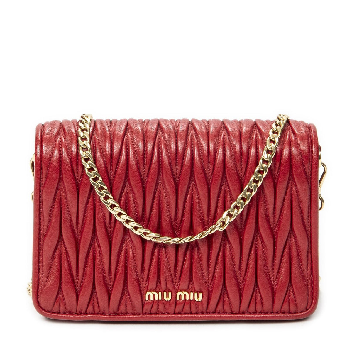 Miu Miu Mini Chain Flap Bag Crossbody Red Nappa Matelasse Leather