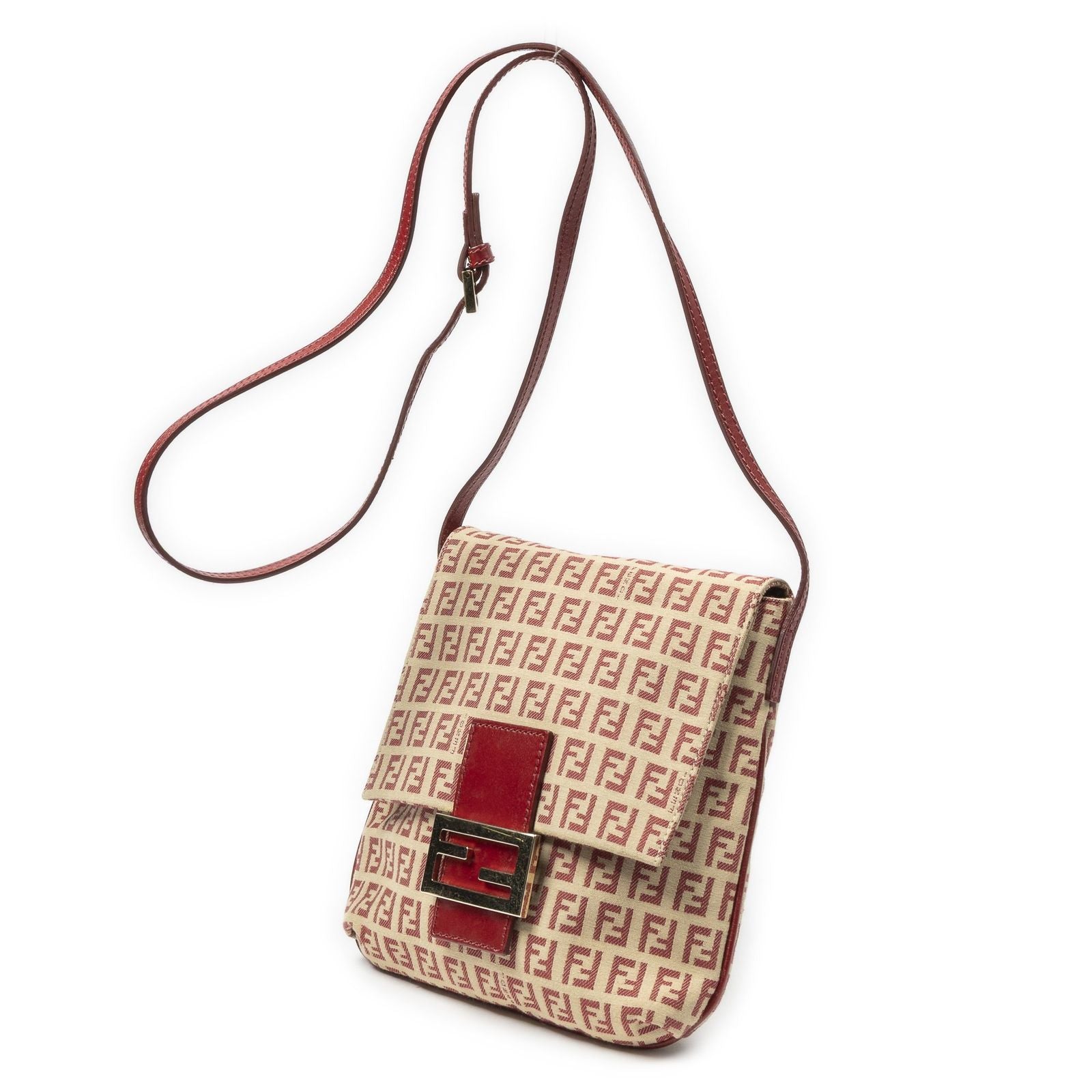 Fendi Small Flap Bag Crossbody Red Beige Zucchino Canvas — view 2