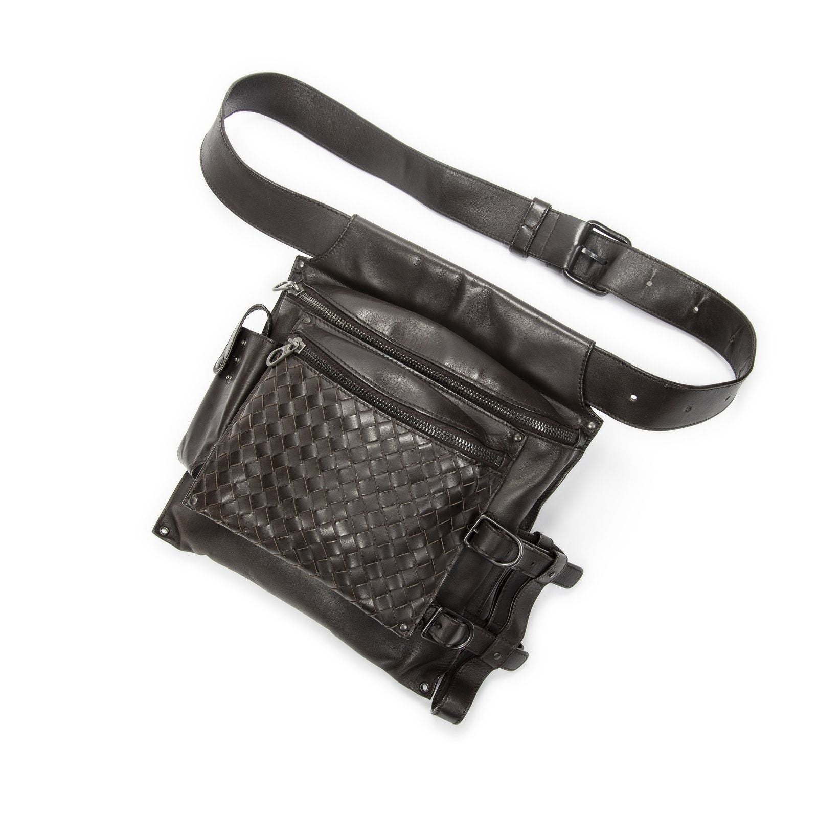 Bottega Veneta Utility Front Pocket Waist Bag Dark Brown Trim Intrecciato