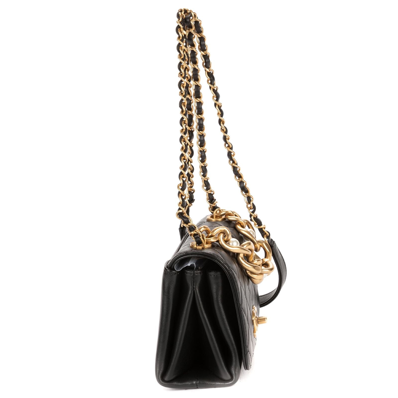 Chanel Mini Pearl Boy Chain Flap Bag Black Quilted Lambskin Leather — view 4