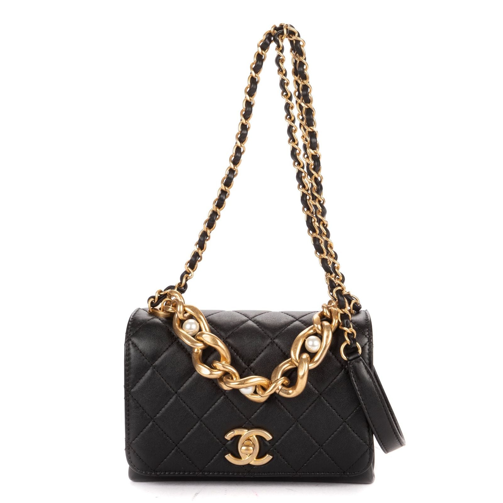 Chanel Mini Pearl Boy Chain Flap Bag Black Quilted Lambskin Leather