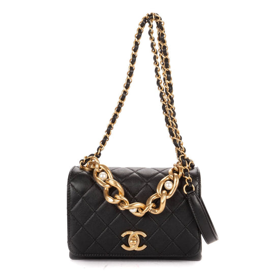Chanel Mini Pearl Boy Chain Flap Bag Black Quilted Lambskin Leather