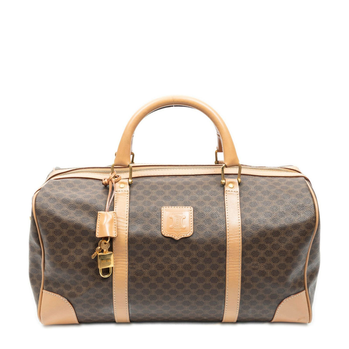Celine Vintage Medium Travel Boston Beige Brown Macadam Canvas Handbag