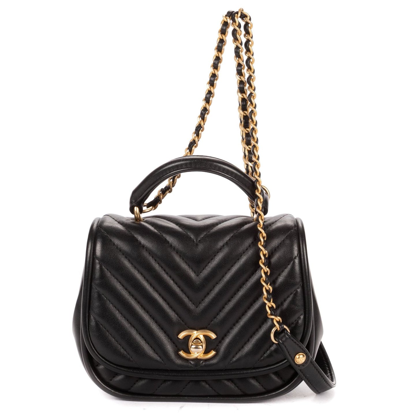 Chanel Reverse Top Handle Chevron Flap Bag Black Lambskin