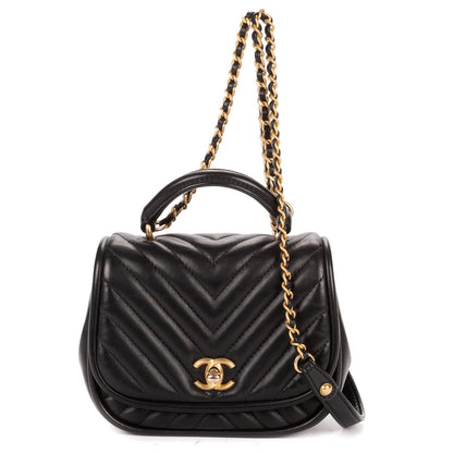 Chanel Reverse Top Handle Chevron Flap Bag Black Lambskin