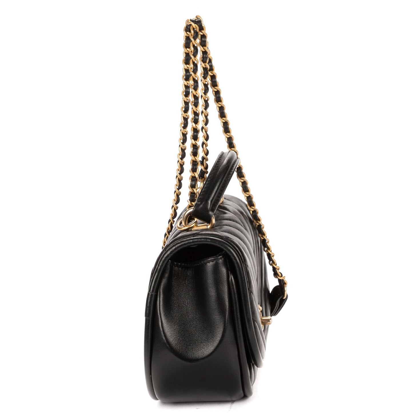 Chanel Reverse Top Handle Chevron Flap Bag Black Lambskin — view 4