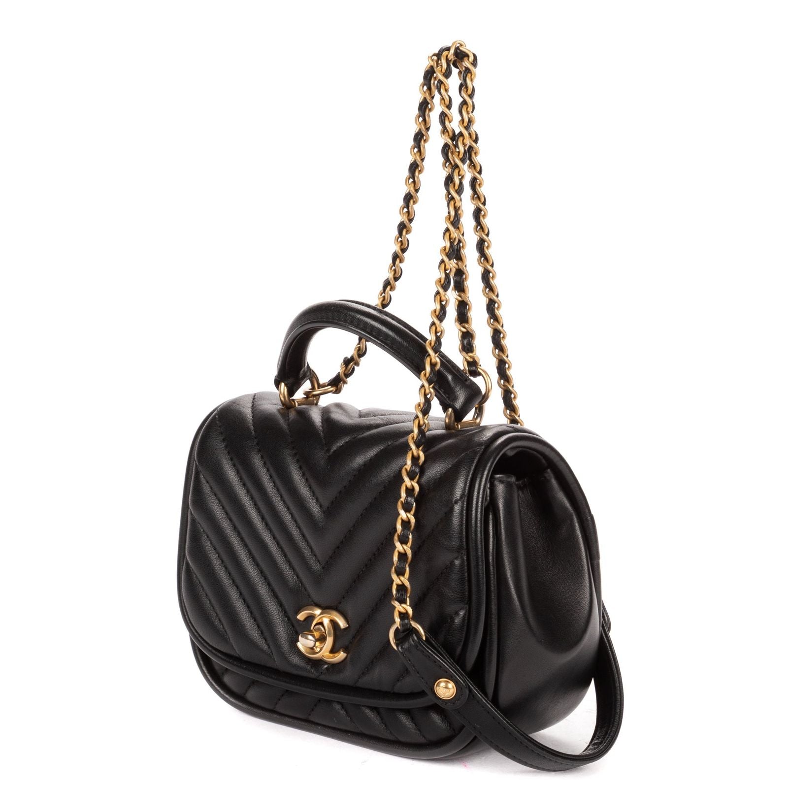 Chanel Reverse Top Handle Chevron Flap Bag Black Lambskin — view 2