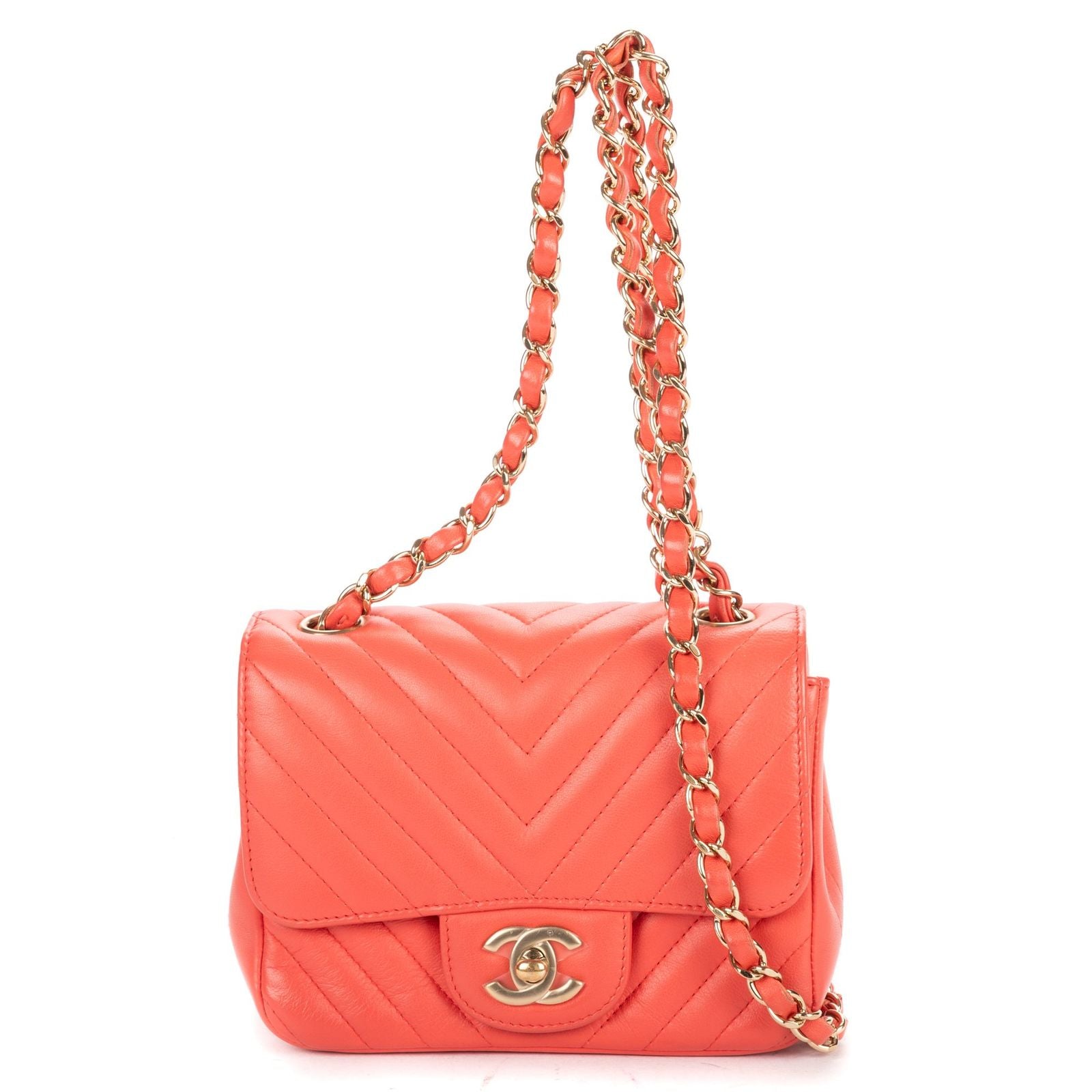 Chanel CC Timless Chain Crossbody Coral Pink Chevron Lambskin