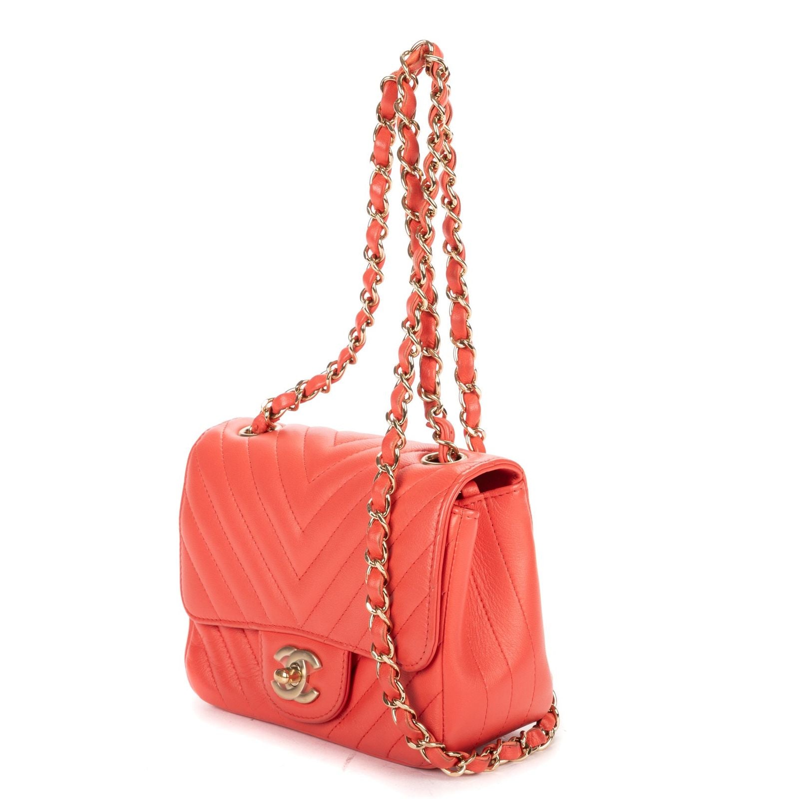 Chanel CC Timless Chain Crossbody Coral Pink Chevron Lambskin — view 2