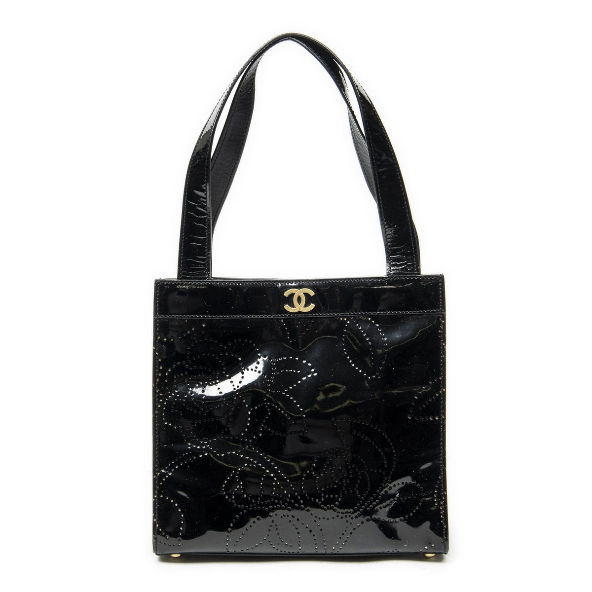 Chanel CC Perforated Camellia Tote Black Patent Leather