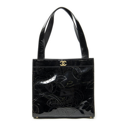 Chanel CC Perforated Camellia Tote Black Patent Leather