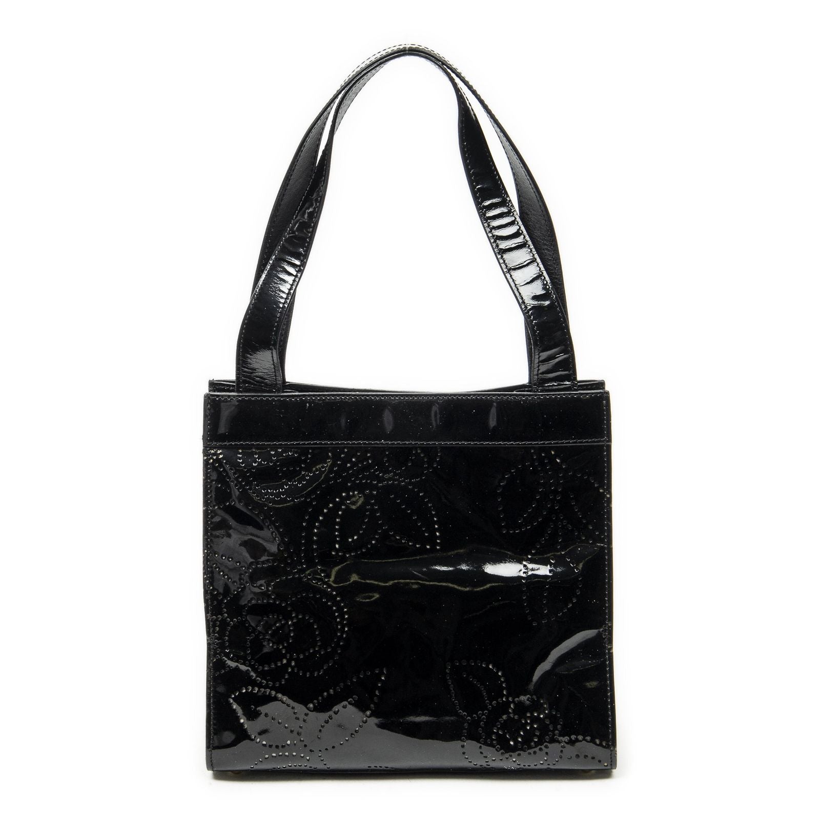 Chanel CC Perforated Camellia Tote Black Patent Leather — view 5