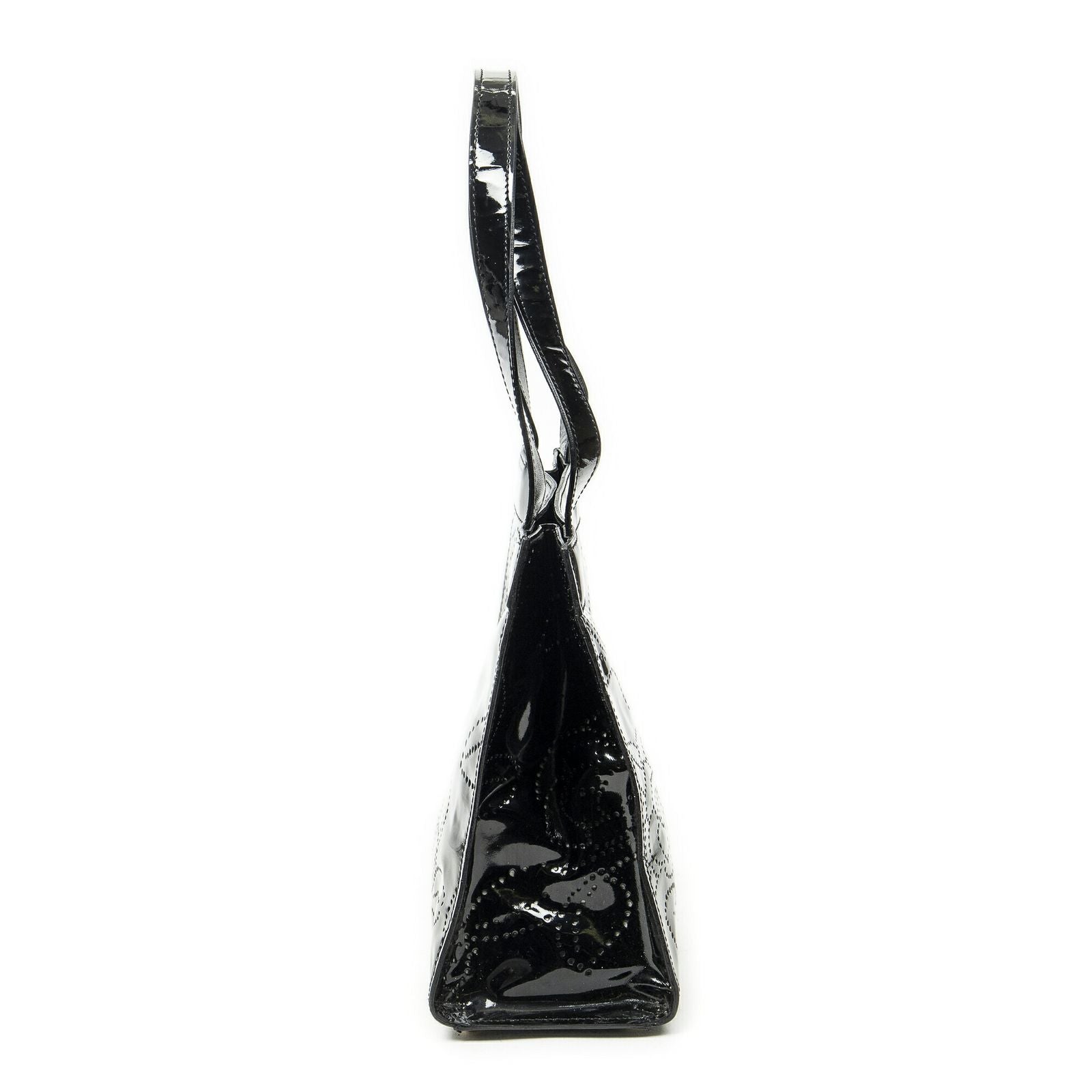 Chanel CC Perforated Camellia Tote Black Patent Leather — view 3