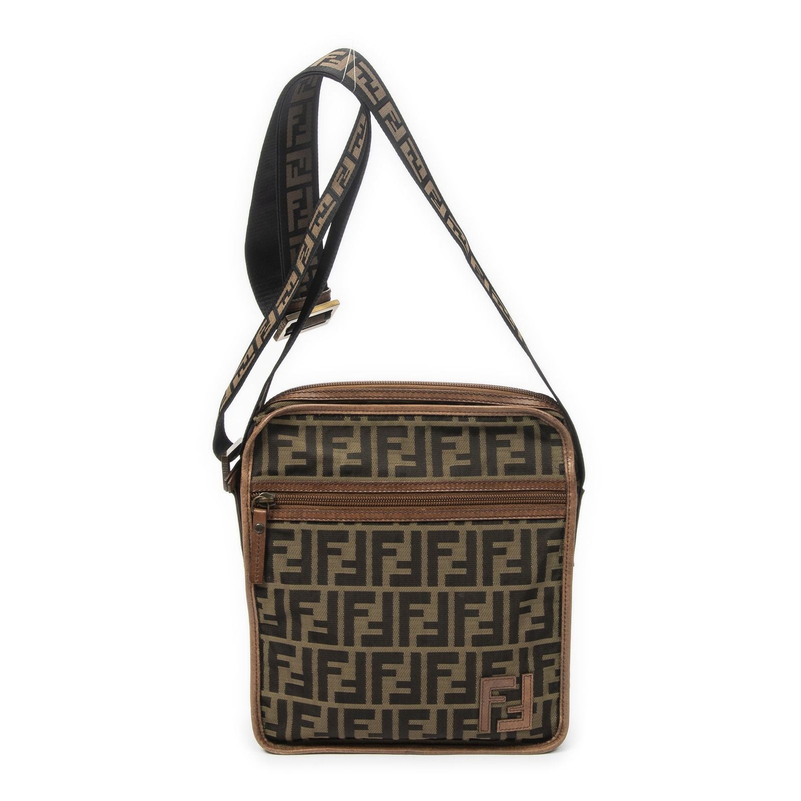 Fendi Square Flat Crossbody Brown Black Zucca Canvas