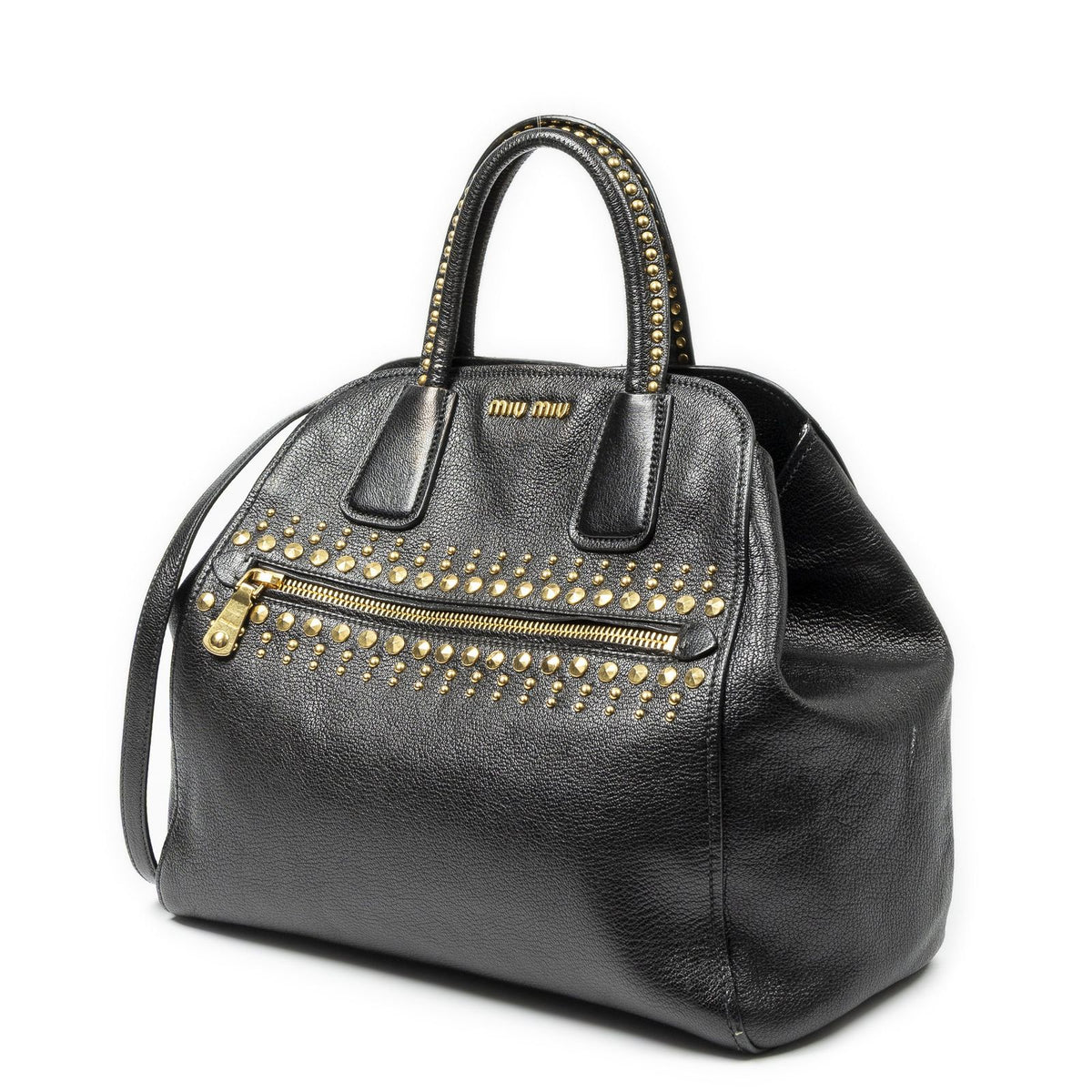 Miu Miu Studded Dome Top Handle Black Madras Leather Handbag — view 2